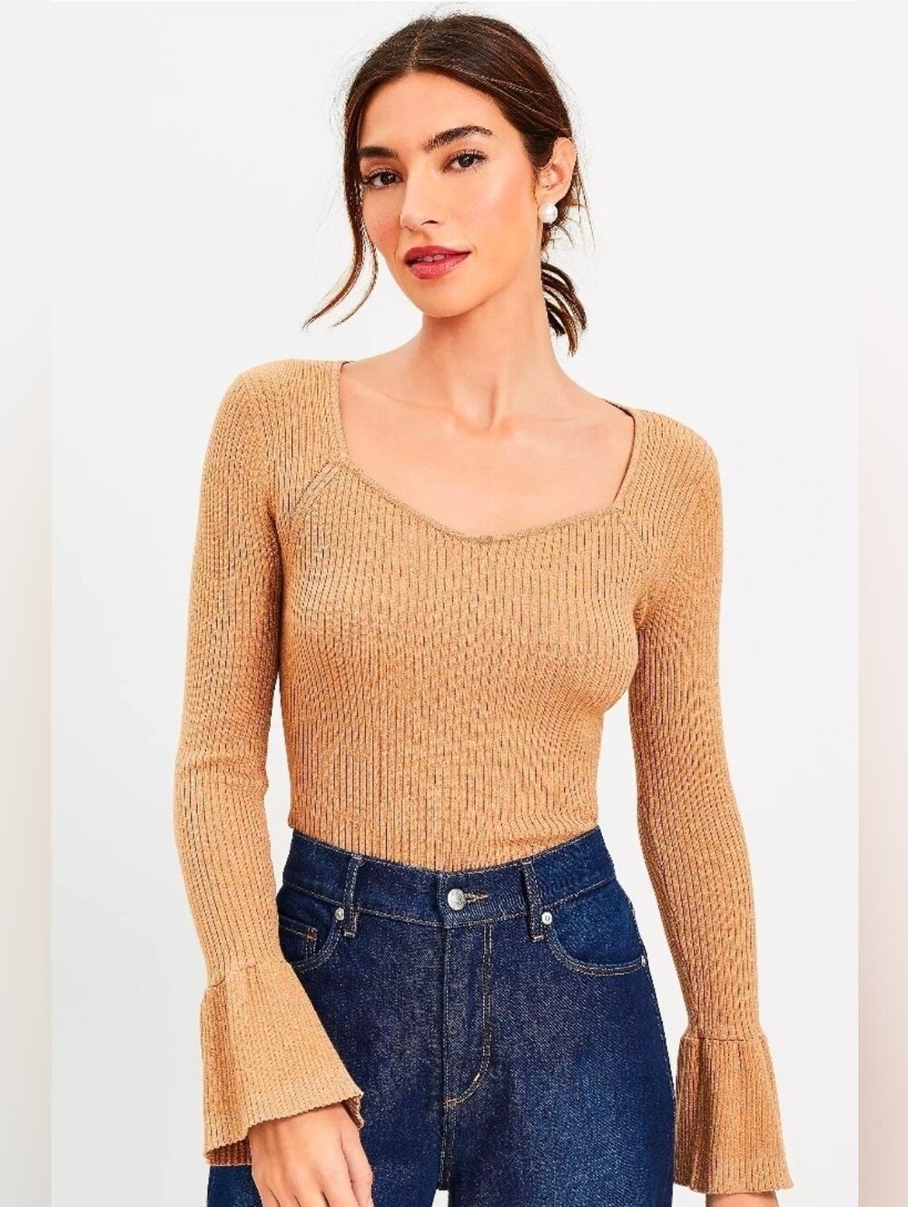 LOFT Camel Ribbed Sweetheart Neck Pullover